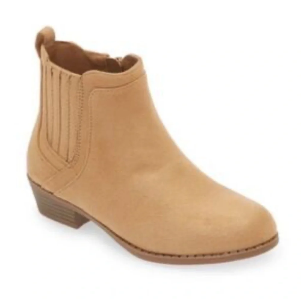 Nordstrom Girls Ankle Boot Size 1M Tan Faux Suede Zip up NOJAYDA Non-Slip Sole